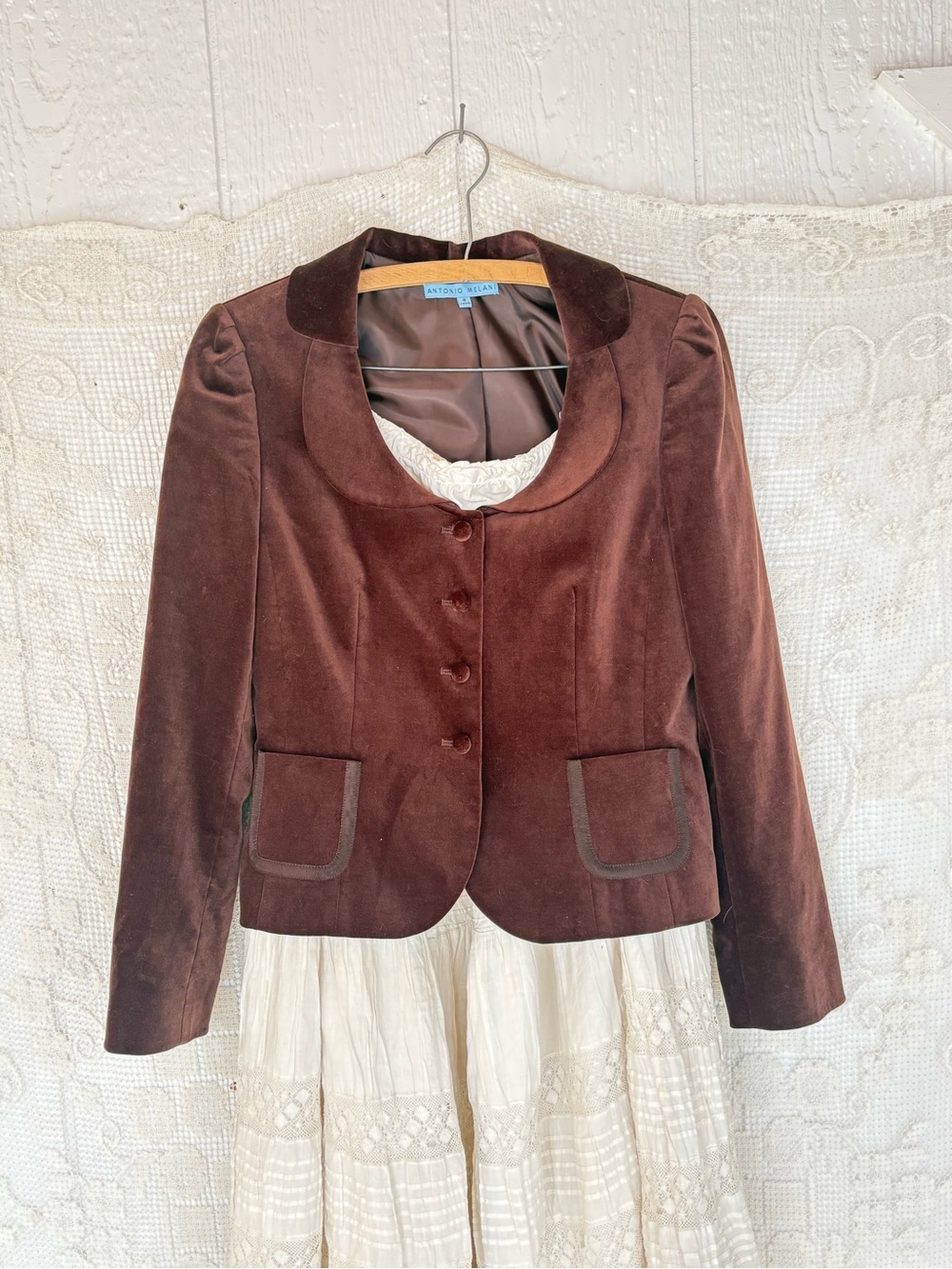 ANTONIO MELANI Chocolate Brown Velvet Fitted Blazer 2 Tone Brown